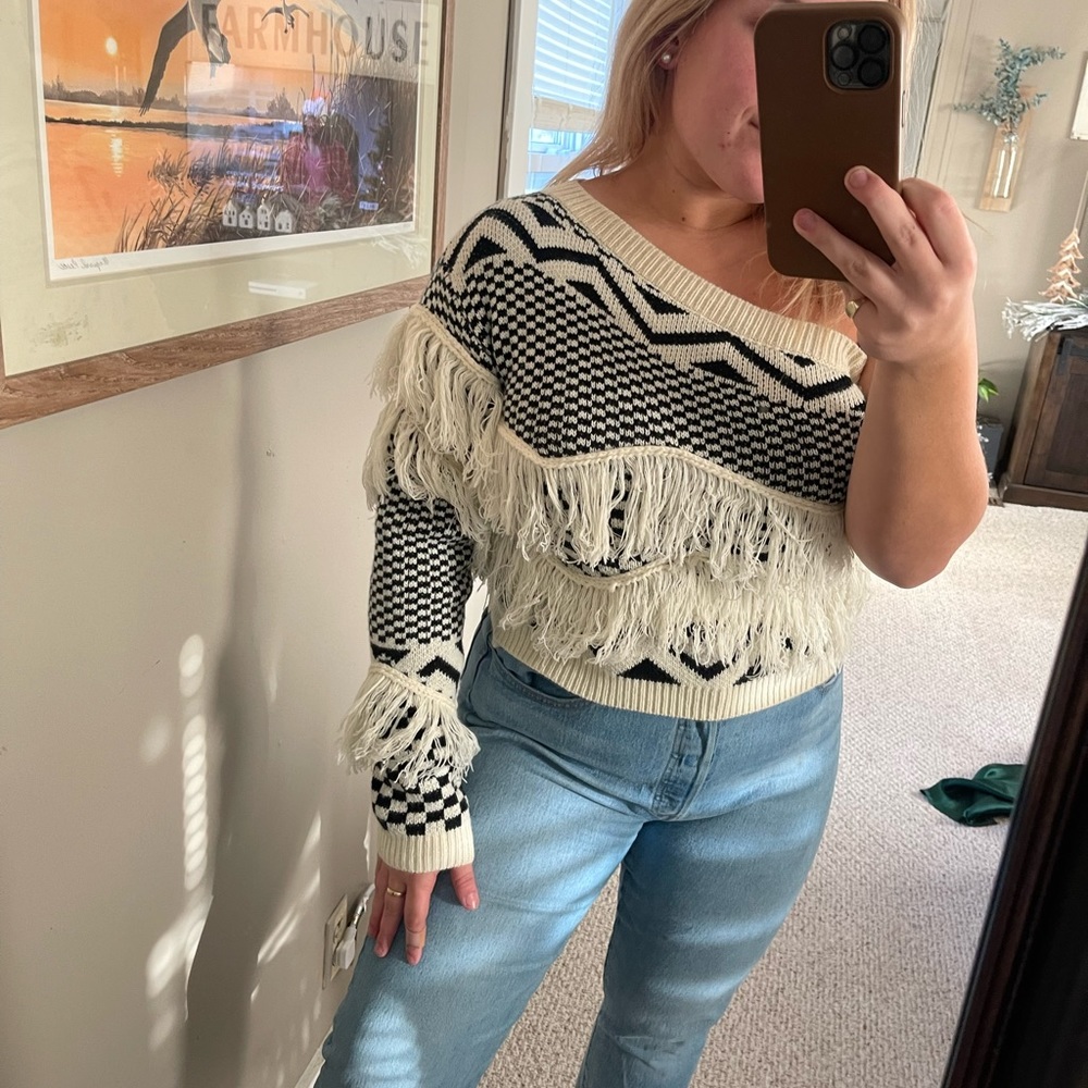 One shoulder black and cream fringe sweater